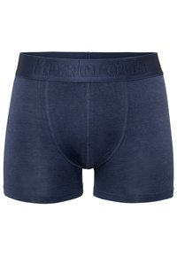 Mørkeblå boxer briefs lavet af blødt stof med en tætsiddende pasform, der har et solidt elastikbånd præget med "Resteröds."