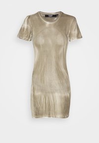 Short-sleeve, form-fitting dress in light khaki velvet with a smooth texture and subtle sheen, featuring a crew neckline and mini length.