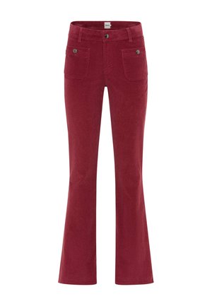 Flared red corduroy pants with a smooth texture, flat front, two back pockets, and silver button accents at the waist and pockets.