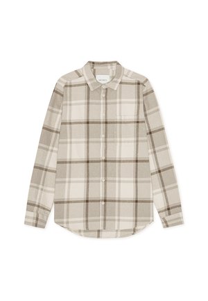 Camicia a quadri in tonalità beige e marrone. Dotata di colletto aperto, maniche lunghe e taschino sul petto. Tessuto morbido con leggera texture.
