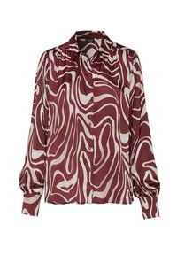 Maroon blouse featuring a wavy cream pattern, long puff sleeves, button closure, and a soft satin finish. Collar with gathered detailing.