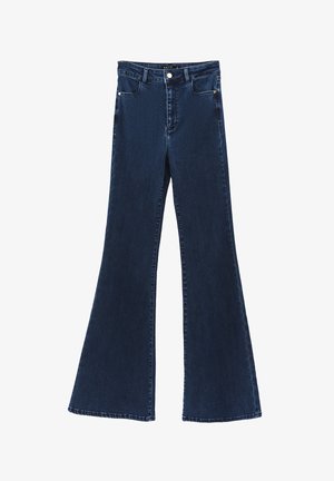 Jeans a zampa di colore blu scuro realizzati in denim, caratterizzati da una vita alta, due tasche frontali, una zip e una chiusura con bottone.