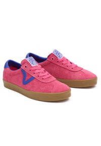 Pink suede sneakers with a blue accent. Features a round toe, thick gum rubber sole, and branded tongue label. Lace-up design.