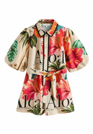 Rövid ujjú, trópusi mintás overál puffos ujjal, gombos előlappal, fekete szegéllyel, önmegkötős övvel és „Aloal“ és „Botanical Gardens“ felirattal.