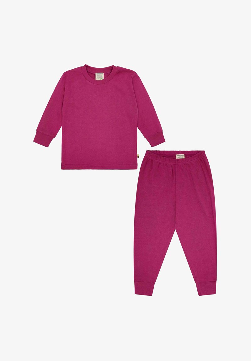 Roze langemouwtop en bijpassende broek gemaakt van zachte katoen. De outfit heeft ribgebreide manchetten en een elastische tailleband.