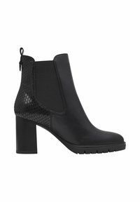 Bottines noires en cuir lisse avec des accents texturés à motif serpent. Comprennent un talon carré et des panneaux élastiques sur les côtés pour un porter facile.