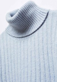 Hellblauer Rollkragenpullover mit gerippter Textur, ausgestattet mit einem hohen Kragen und aus weichem, plüschigem Material, das vertikale Linien betont.