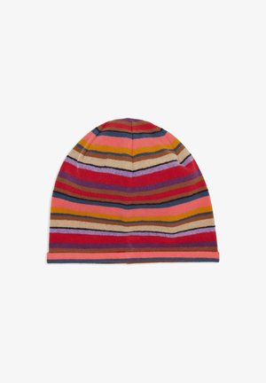 Cappello lavorato a maglia con strisce orizzontali multicolori in rosso, rosa, marrone e giallo. Presenta un tessuto morbido e strutturato e una forma arrotondata.