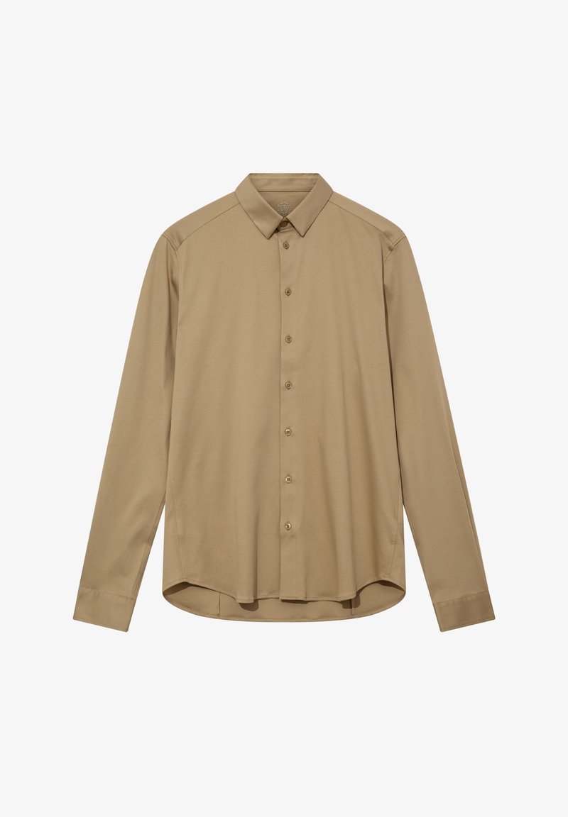 Langærmet skjorte i lys brun stof, knaplukning fortil med otte knapper, spids krave, glat tekstur, buet søm, ingen synlige mønstre.