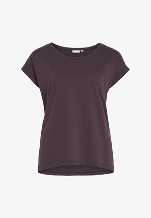 Lila T-Shirt mit kurzen Ärmeln, Rundhalsausschnitt und umgeschlagenen Säumen. Weiches Baumwollmaterial, lockere Passform und einen leicht abgerundeten Saum.