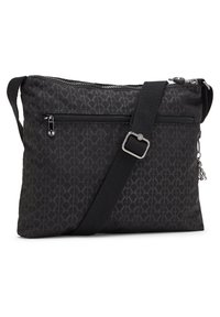 Black crossbody bag with zip closure, textured fabric, front pocket, adjustable strap, and geometric pattern. Metallic hardware accents.