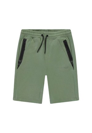 Groene shorts met een elastische tailleband, koordsluiting en zwarte ritszakken aan de zijkanten. Gemaakt van zacht materiaal met een gladde textuur.