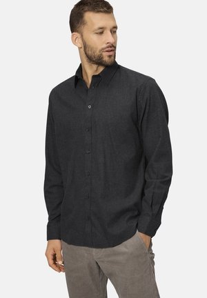 Men's dark grey button-up shirt made of textured fabric, featuring a classic collar and long sleeves, with a straight cut and subtle sheen.
