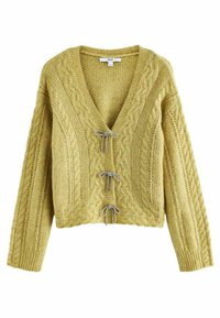 Cardigan en tricot vert mousse avec motifs torsadés, manches longues, col en V et trois fermetures avant en forme de nœud papillon argenté.