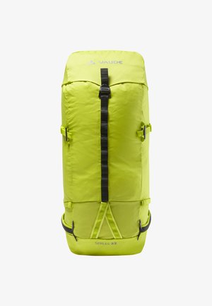 Limonengrüner Rucksack mit einem Rolltop-Design, schwarzem Zubehör, verstellbaren Trägern und einem Kapazitätslabel "SERIE 32" am Boden.