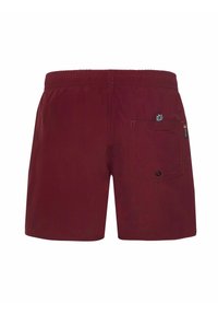 Pantaloni da bagno bordeaux con vita elasticizzata, una tasca posteriore con chiusura a bottone e un'etichetta tessuta. Tessuto morbido e leggero.