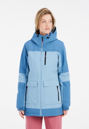 Blue winter jacket featuring a hood, zippered pockets, and contrasting color blocks. Made of durable, waterproof material with a smooth texture.