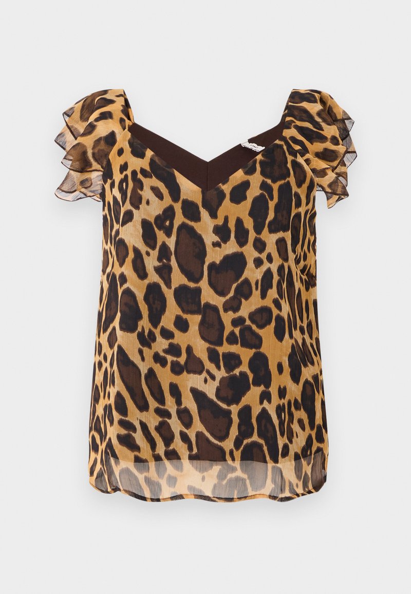 Bluzka w panterkę z przezroczystego materiału, z krótkimi falbaniastymi rękawami, dekoltem w kształcie litery V i brązowym akcentem na ramionach.