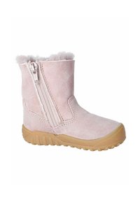Stivaletto alla caviglia in suede rosa con bordo in pelliccia, cerniera laterale, suola in gomma e fondo testurizzato. Punta arrotondata e dettagli cuciti sui lati.