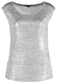 Haut femme argenté brillant à manches courtes avec encolure ronde et motif texturé subtil, taille 36, marque Comma.