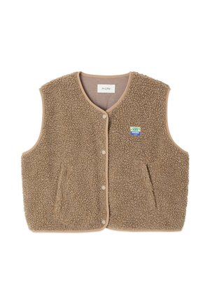 Brauner Fleece-Weste mit weicher Textur, runder Ausschnitt, vorderer Druckverschluss und Seitentaschen; verfügt über ein kleines Logo-Patch.