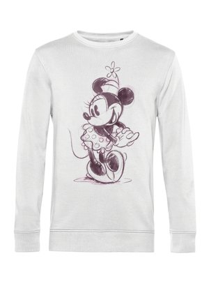 Sweatshirt blanc arborant un croquis d'un personnage de dessin animé avec de grandes oreilles et une robe à pois, accentuée par une fleur sur sa tête.