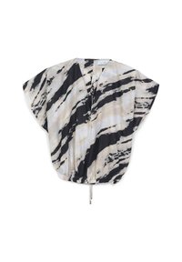 Blusa corta a maniche corte, ampia, con un motivo astratto a pennellate nere, beige e bianche e un cordoncino sul fondo.