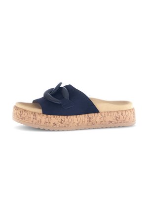 Navy blue slide sandals with a padded strap, featuring a textured cork midsole and a flexible rubber outsole.