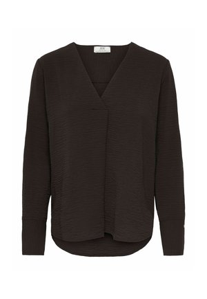 Blouse marron foncé à manches longues en tissu texturé, coupe ample, encolure en V et ourlet légèrement arrondi, conçue par JDY.