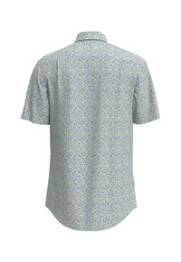 Camicia a maniche corte con bottoni di colore giallo chiaro, decorata con un motivo floreale blu. Presenta un colletto e un orlo curvo.