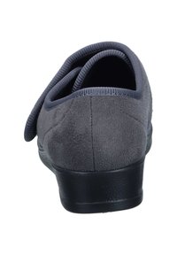 Gray suede back view of a shoe with a black rubber sole, featuring a rounded shape and a padded collar for comfort.