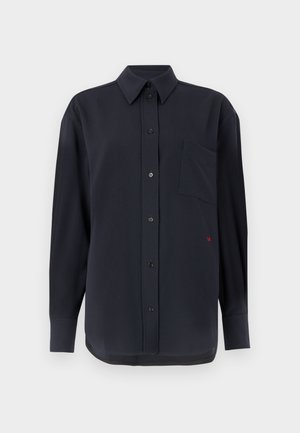 Black, long-sleeve button-up shirt with a chest pocket and red accent. Made from a smooth fabric with a classic collar and button closure.