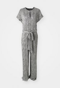 Sølvfarvet jumpsuit med korte ærmer, V-hals, bånd i taljen og struktureret stof. Vidde ben med flæser, letvægtsmateriale.