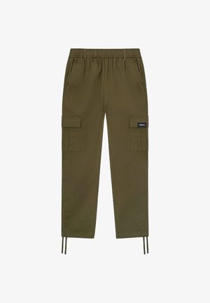 Olijfgroene cargobroek van zachte stof, met een elastische tailleband, twee zijzakken en twee grote cargozakken op de dijen.