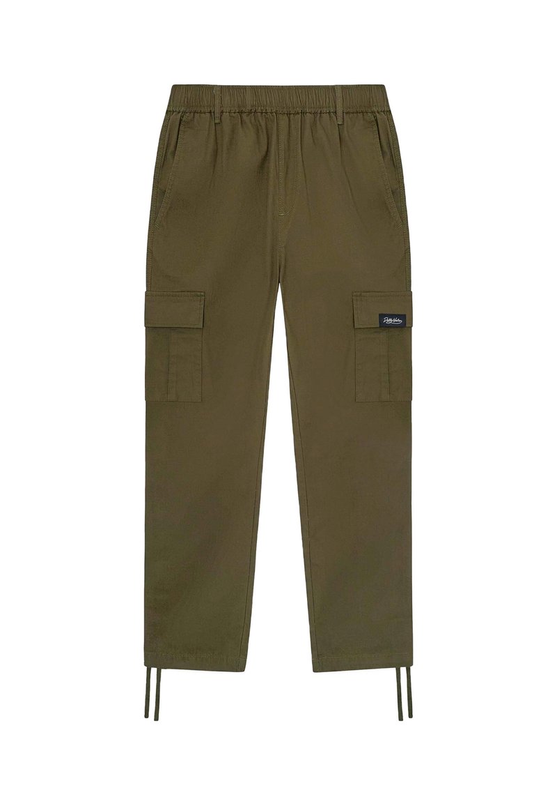 Olivegrüne Cargo-Hosen aus weichem Stoff, mit einem elastischen Bund, zwei Seitentaschen und zwei großen Cargo-Taschen an den Oberschenkeln.