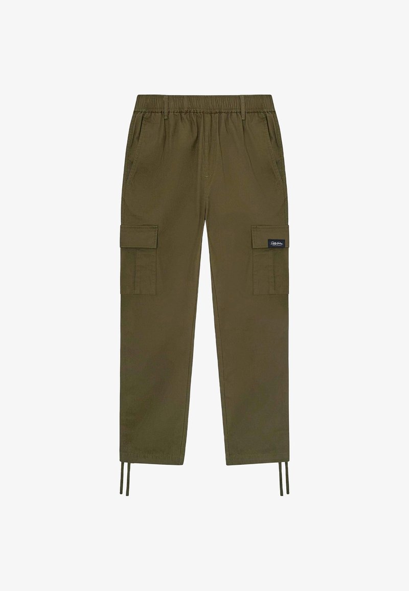 Olivegrüne Cargo-Hosen aus weichem Stoff, mit einem elastischen Bund, zwei Seitentaschen und zwei großen Cargo-Taschen an den Oberschenkeln.