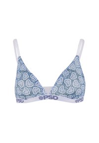 Blauwe en witte gestreepte driehoekige bralette met verstelbare witte bandjes en een elastische band met "PSD" merk onder de buste.
