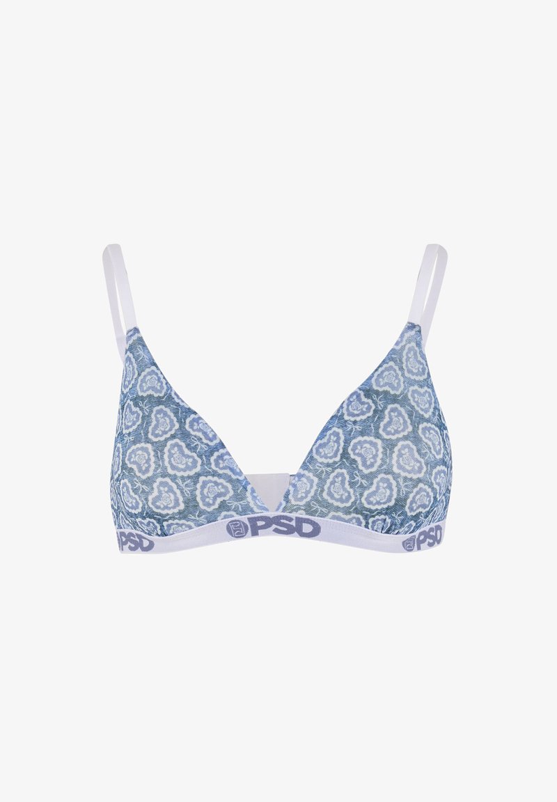 Blauwe en witte gestreepte driehoekige bralette met verstelbare witte bandjes en een elastische band met "PSD" merk onder de buste.