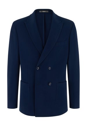 Marineblå dobbeltradet blazer med hakkede revers, to forlommer og tre synlige knapper foran.