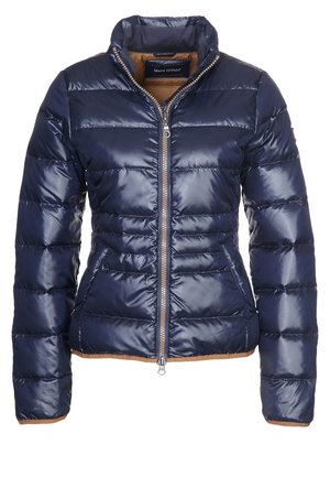 Granatowa pikowana kurtka puchowa ze stójką, przednim zamkiem błyskawicznym i bocznymi kieszeniami, z beżową podszewką wewnętrzną i metką Marc O'Polo.