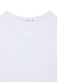 T-shirt bianco in cotone con scollatura rotonda, caratterizzato da un'etichetta con la scritta "TERRANOVA" e taglia "S". Texture liscia, design semplice.