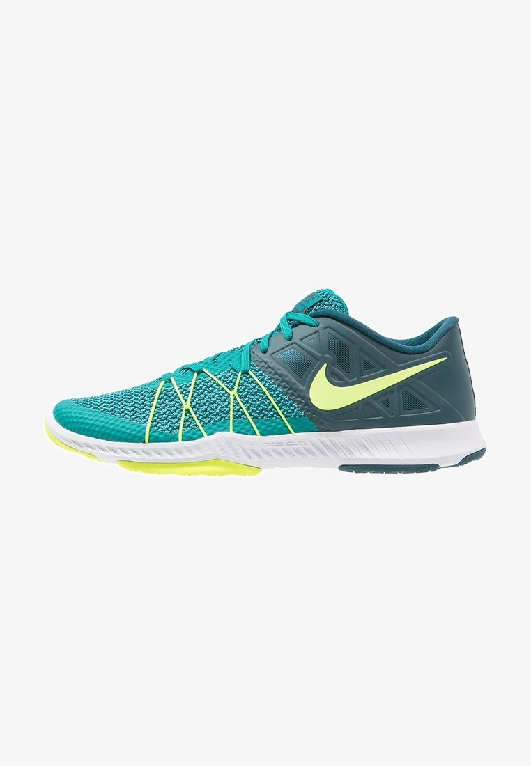Zapatillas deportivas de Nike con una parte superior de malla en color azul verdoso y detalles en amarillo, suela de goma duradera y un diseño elegante y ligero.