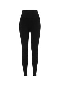 Zwarte leggings met een hoge tailleband, vervaardigd van een zachte, elastische stof en een strakke pasvorm die naar de enkel toelopend is.