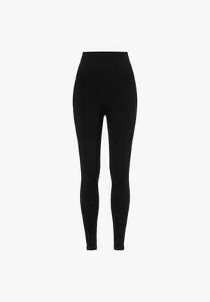 Leggings neri con un alto elastico in vita, realizzati in un tessuto liscio ed elastico, con una vestibilità aderente che si restringe fino alla caviglia.