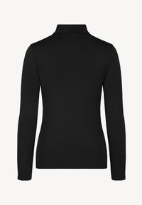 Zwarte lange mouwen polo shirt met een rechte zoom en een klassieke kraag. Glad oppervlak zonder zichtbare patronen of accenten aan de achterkant.