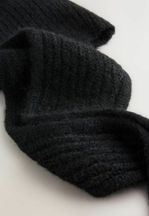 Black knitted scarf with a textured rib pattern, featuring a soft, fuzzy material and an elongated shape for warmth.