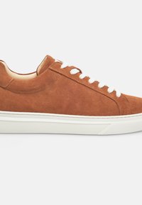 Sneaker in suede marrone con lacci bianchi, punta tonda e design elegante. Presenta una suola in gomma bianca texturizzata e una fodera interna liscia.