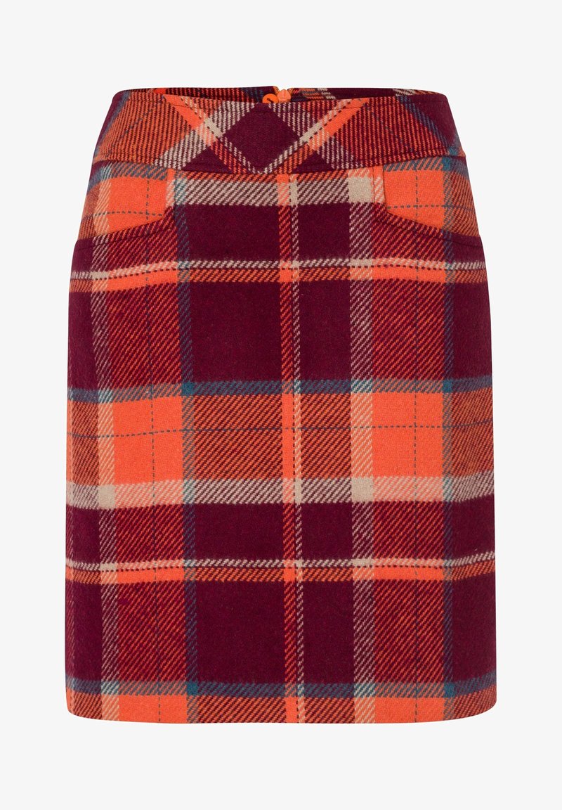 Jupe taille haute en ligne A avec grand motif à carreaux orange, bordeaux et beige et poches avant.