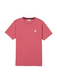 Camiseta de algodón rosa con cuello redondo, mangas cortas y un detalle de logo blanco en el lado izquierdo del pecho. Textura suave y corte clásico.