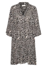 Šaty s leopardím potiskem v černé a béžové barvě, s véčkovým výstřihem, vrstveným designem a středně dlouhými volánkovými rukávy, vyrobené z lehké, texturované tkaniny.